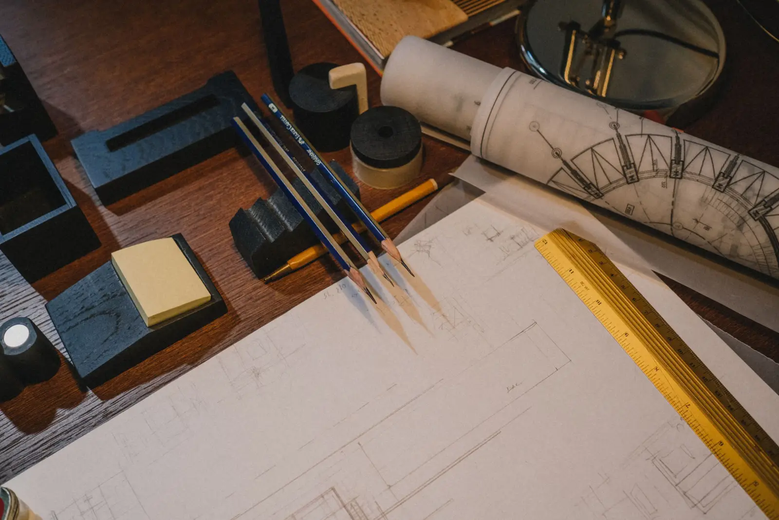 Architect's desk with drawings, drafting pens and scale rulers